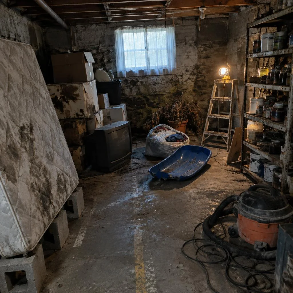 Cluttered stone-walled basement with mattress, boxes, and old TV before a clean-out