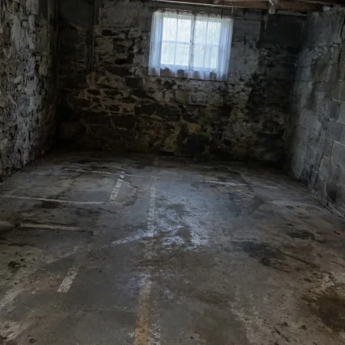 Same stone-walled basement emptied and swept after the clean-out