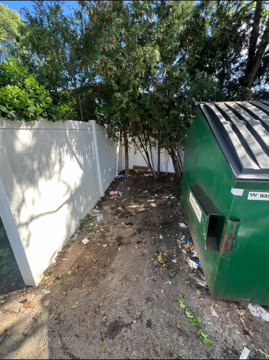 Cleared area beside a dumpster and fence